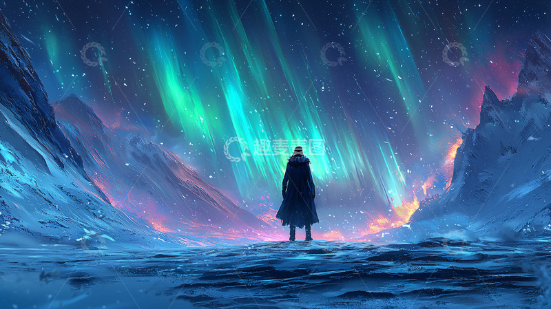 高清大图下载【趣麦麦图】极光下的孤独身影