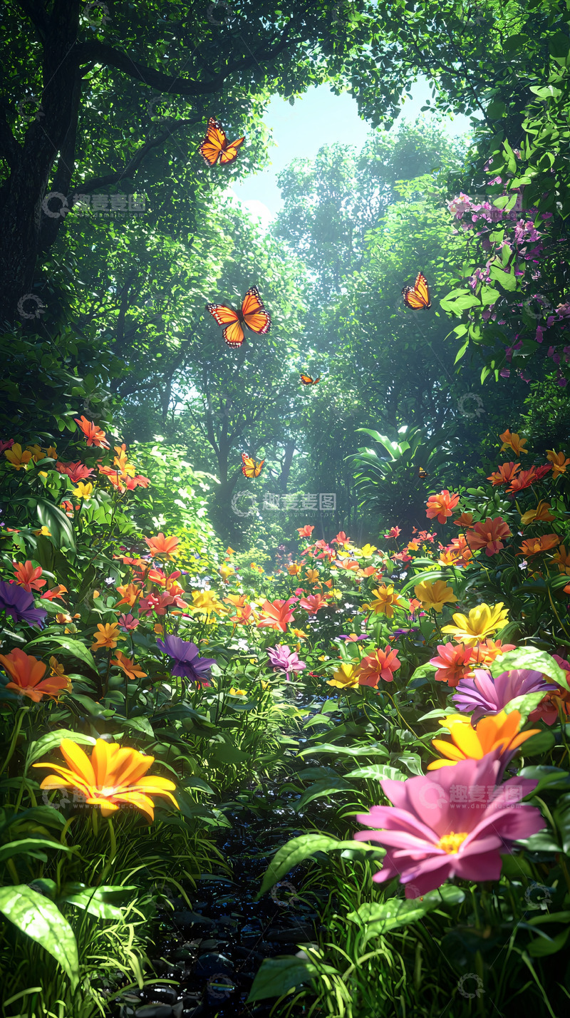 高清大图下载【趣麦麦图】梦幻森林花海蝴蝶