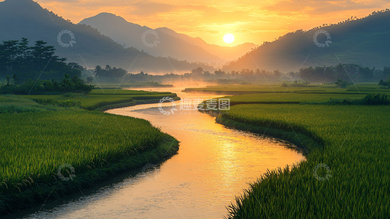 高清大图下载【趣麦麦图】日出河谷田园风光
