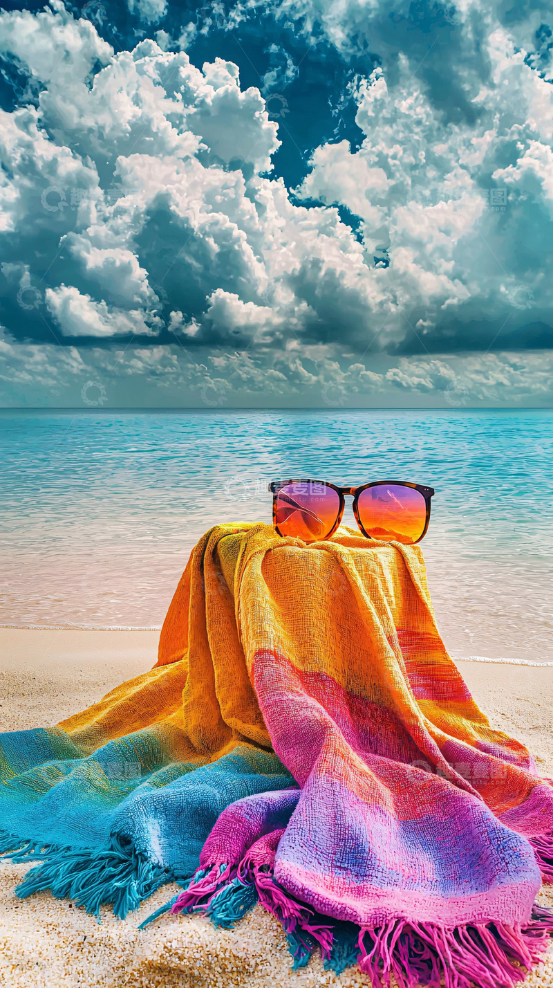 高清大图下载【趣麦麦图】海滩上的彩色沙滩巾和太阳镜