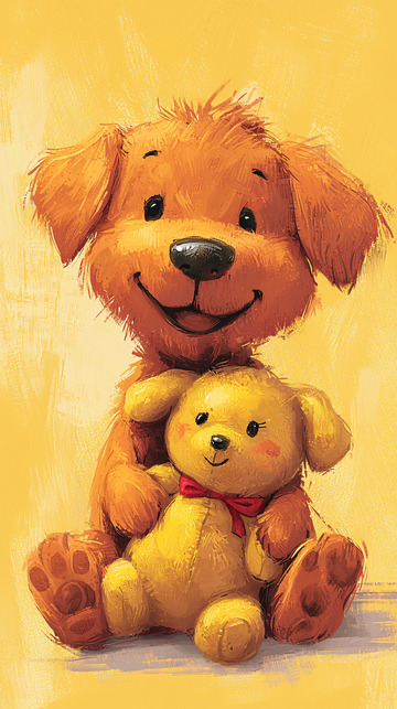 小狗抱着毛绒玩具