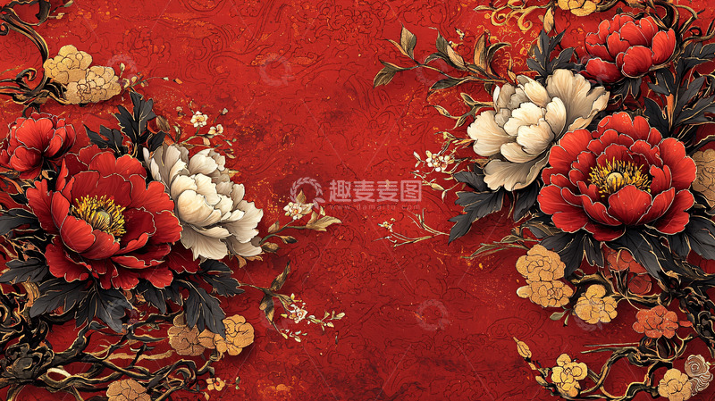 高清大图下载【趣麦麦图】红色背景上的牡丹花