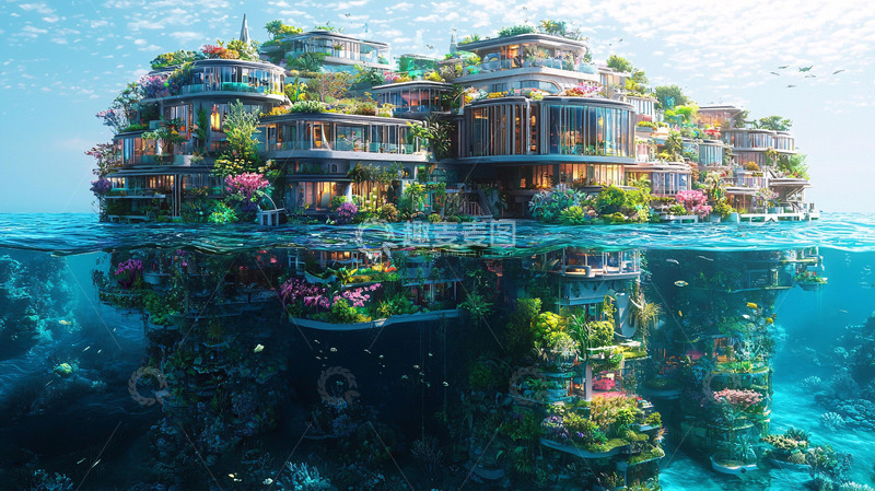 高清大图下载【趣麦麦图】海面上的水上别墅群