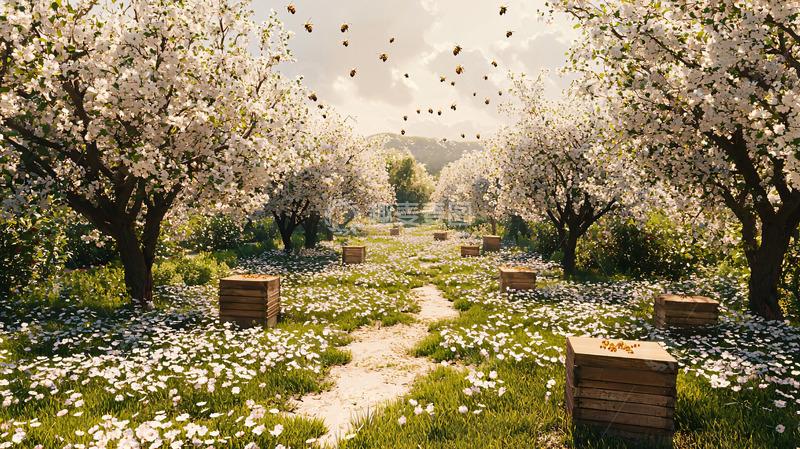 高清大图下载【趣麦麦图】春光明媚的果园蜜蜂