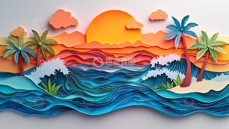 高清大图下载【趣麦麦图】纸艺海边日落景观