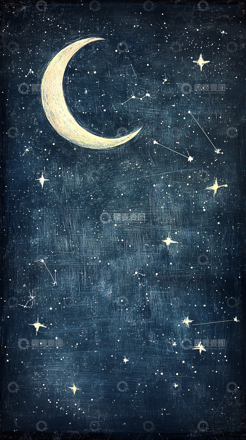 高清大图下载【趣麦麦图】弯月星空手绘