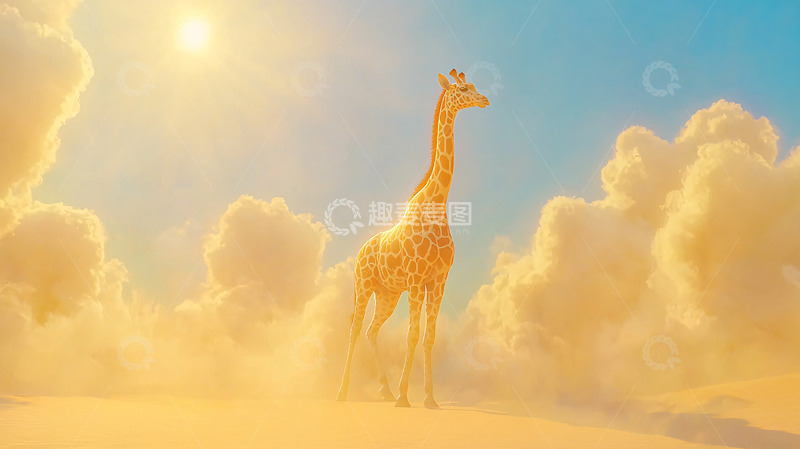 高清大图下载【趣麦麦图】长颈鹿在云朵上的日落