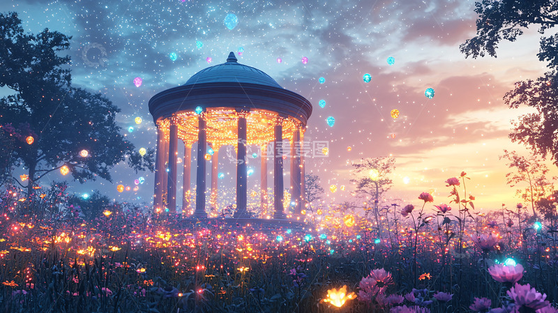 高清大图下载【趣麦麦图】梦幻星空下的凉亭