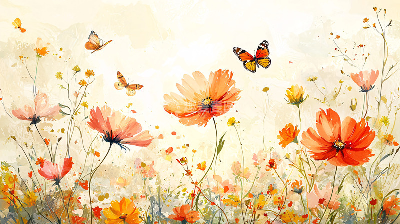 高清大图下载【趣麦麦图】水彩花卉蝴蝶背景