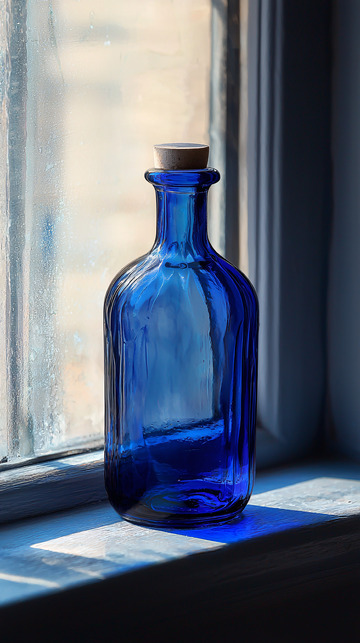 窗边蓝色玻璃瓶