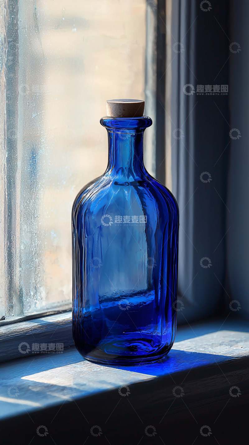 高清大图下载【趣麦麦图】窗边蓝色玻璃瓶