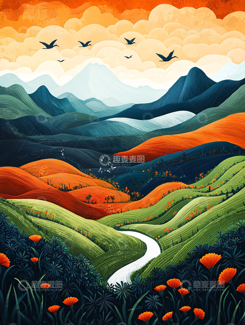 高清大图下载【趣麦麦图】多彩山景鸟群飞翔