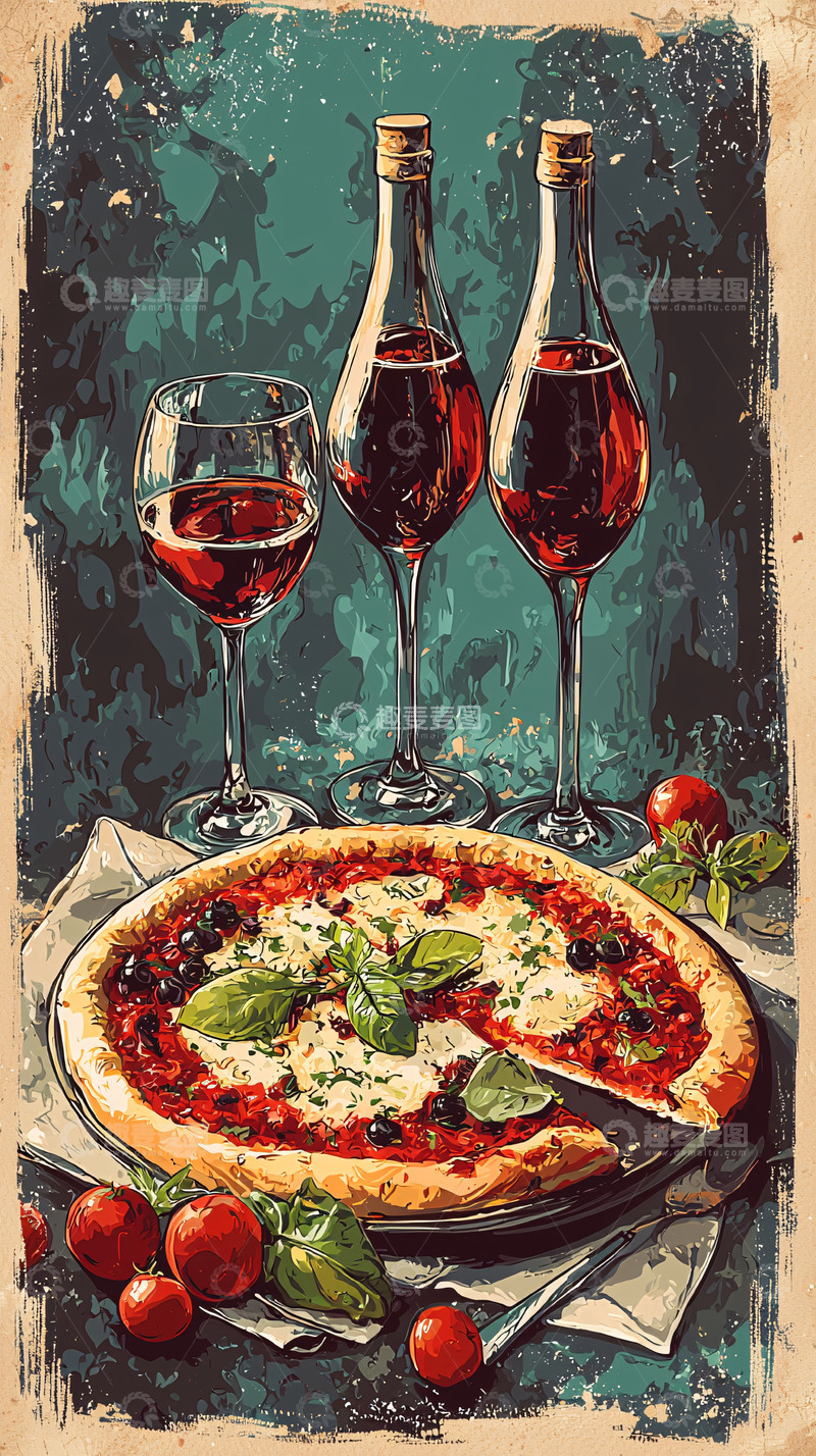 高清大图下载【趣麦麦图】手绘披萨红酒美食