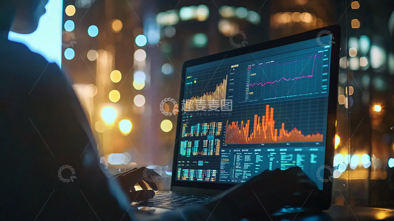 高清大图下载【趣麦麦图】夜晚都市背景下电脑屏幕股票数据