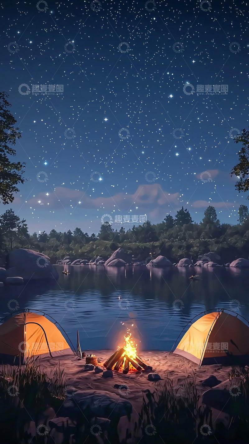 高清大图下载【趣麦麦图】星空下的营火