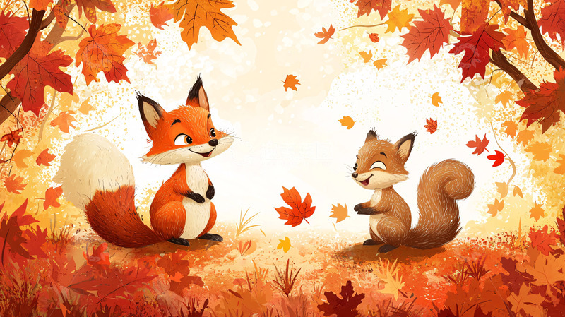 高清大图下载【趣麦麦图】狐狸与松鼠秋日嬉戏