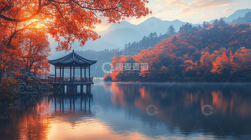 高清大图下载【趣麦麦图】秋日湖畔的亭子