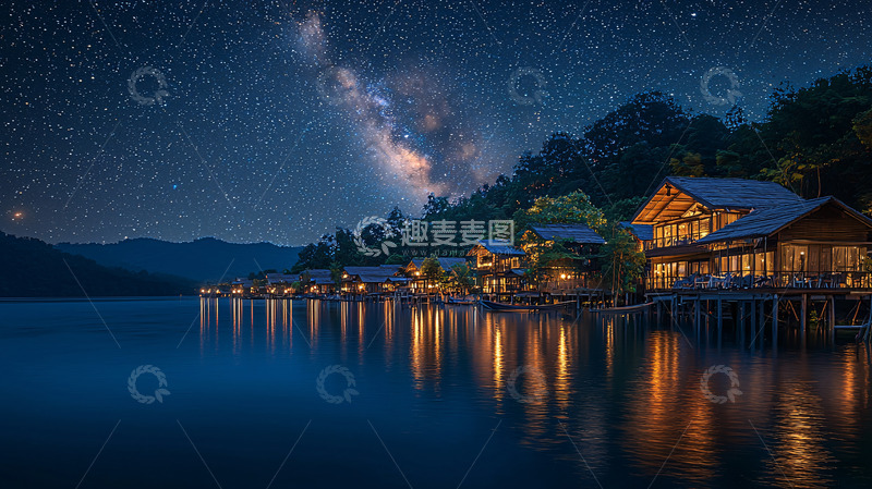 高清大图下载【趣麦麦图】星空下的湖边木屋