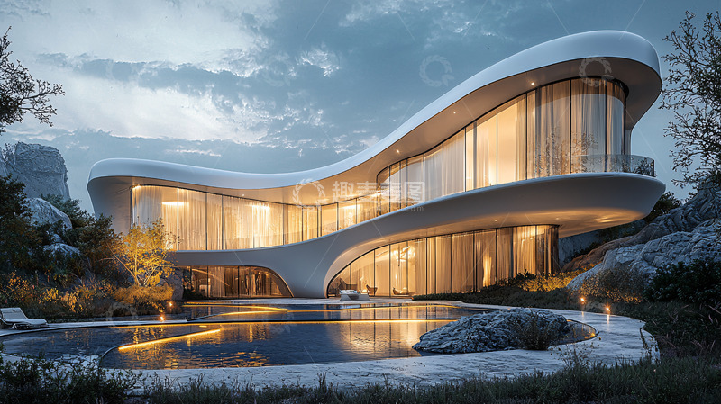 高清大图下载【趣麦麦图】流线型现代别墅夜景