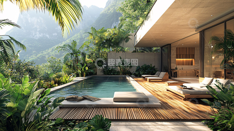 高清大图下载【趣麦麦图】热带现代别墅泳池景观