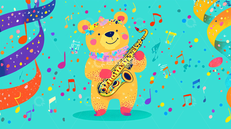 高清大图下载【趣麦麦图】卡通小熊吹萨克斯