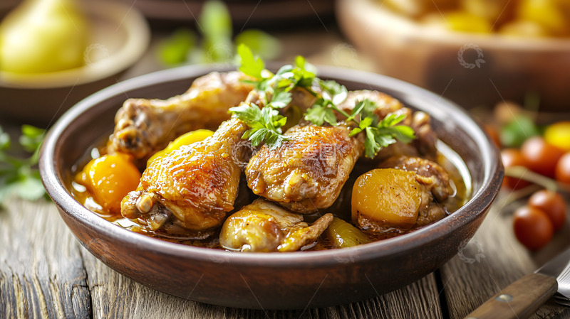 高清大图下载【趣麦麦图】香喷喷的鸡腿炖水果