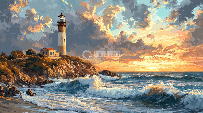 高清大图下载【趣麦麦图】海边灯塔日落风景画