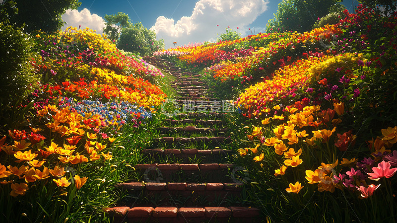 高清大图下载【趣麦麦图】鲜花盛开的阶梯