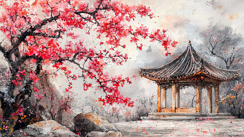 高清大图下载【趣麦麦图】红色花朵亭台