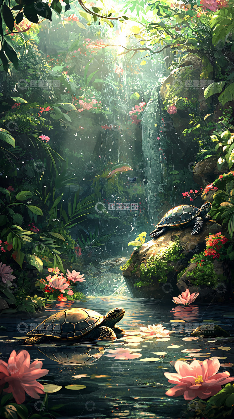 高清大图下载【趣麦麦图】热带雨林中的瀑布与乌龟
