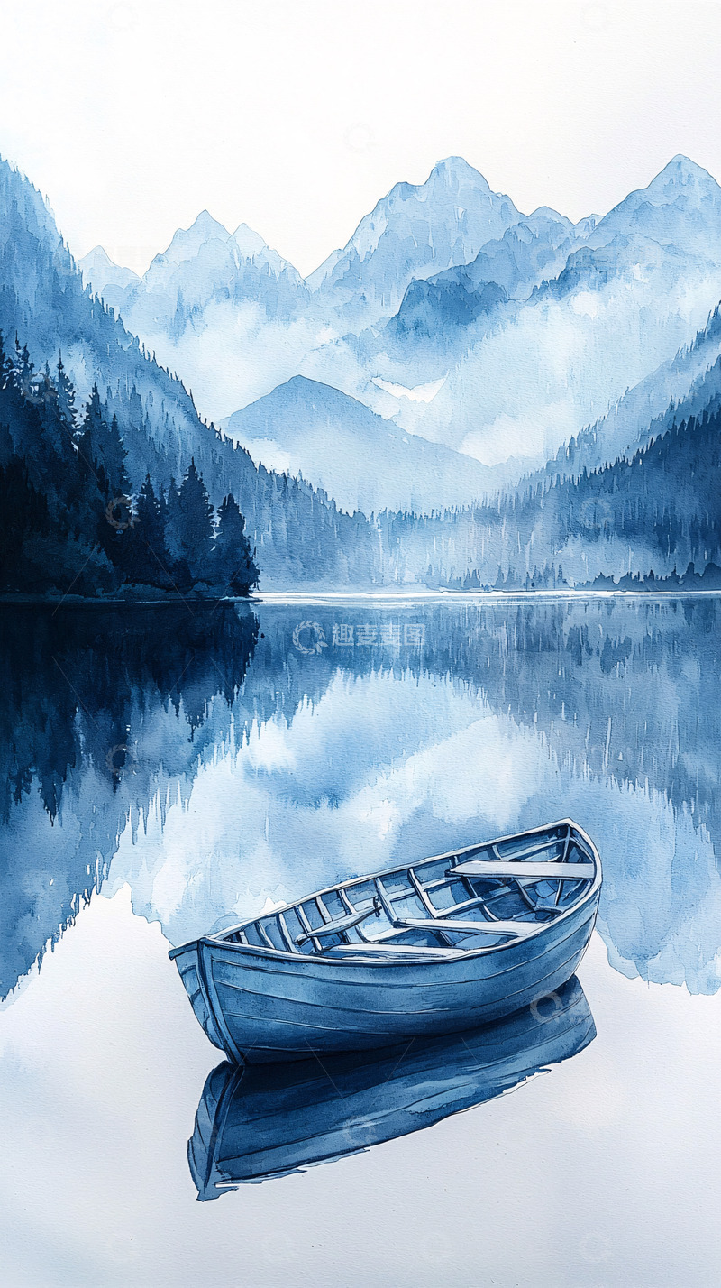 高清大图下载【趣麦麦图】山水倒影中的小船