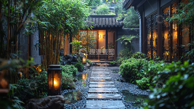 高清大图下载【趣麦麦图】中式庭院夜景