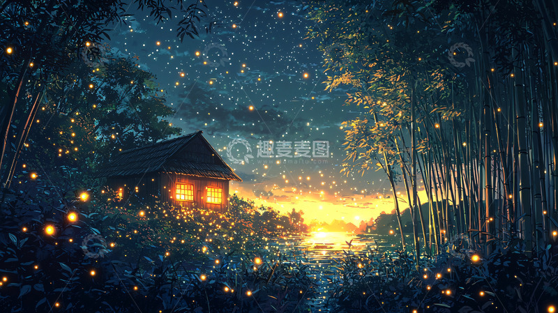 高清大图下载【趣麦麦图】萤火虫森林小屋夜景