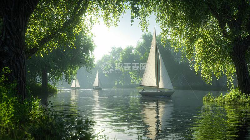 高清大图下载【趣麦麦图】树荫下宁静的帆船湖景