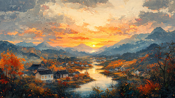 山村秋色夕阳景色