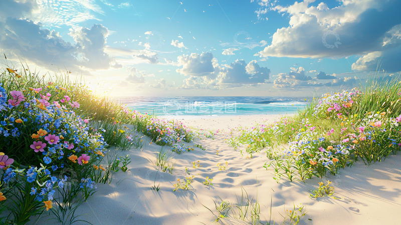 高清大图下载【趣麦麦图】海滩鲜花沙丘日出