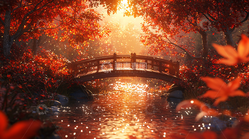 高清大图下载【趣麦麦图】秋日红叶小桥流水