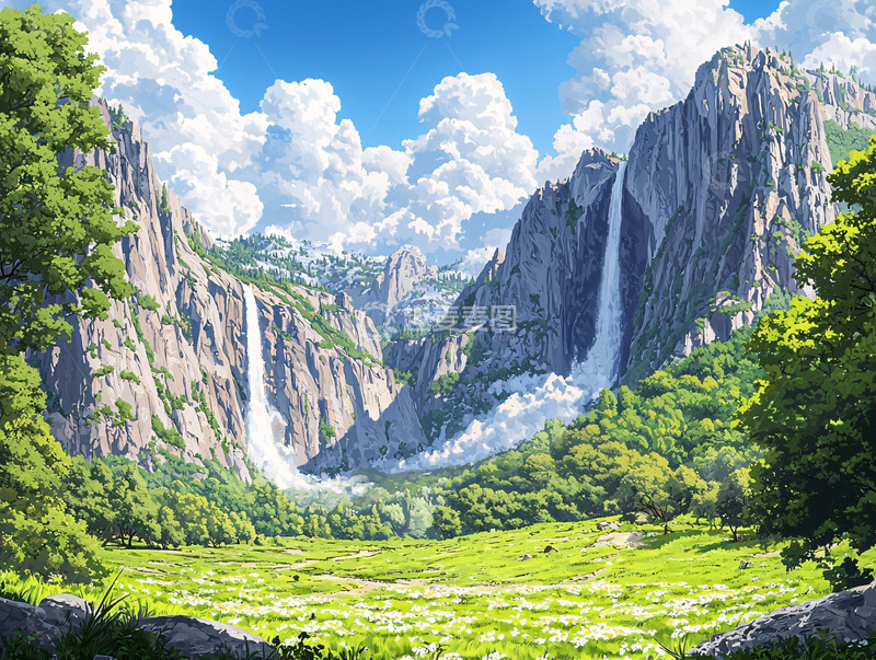 高清大图下载【趣麦麦图】阳光下的峡谷瀑布风景