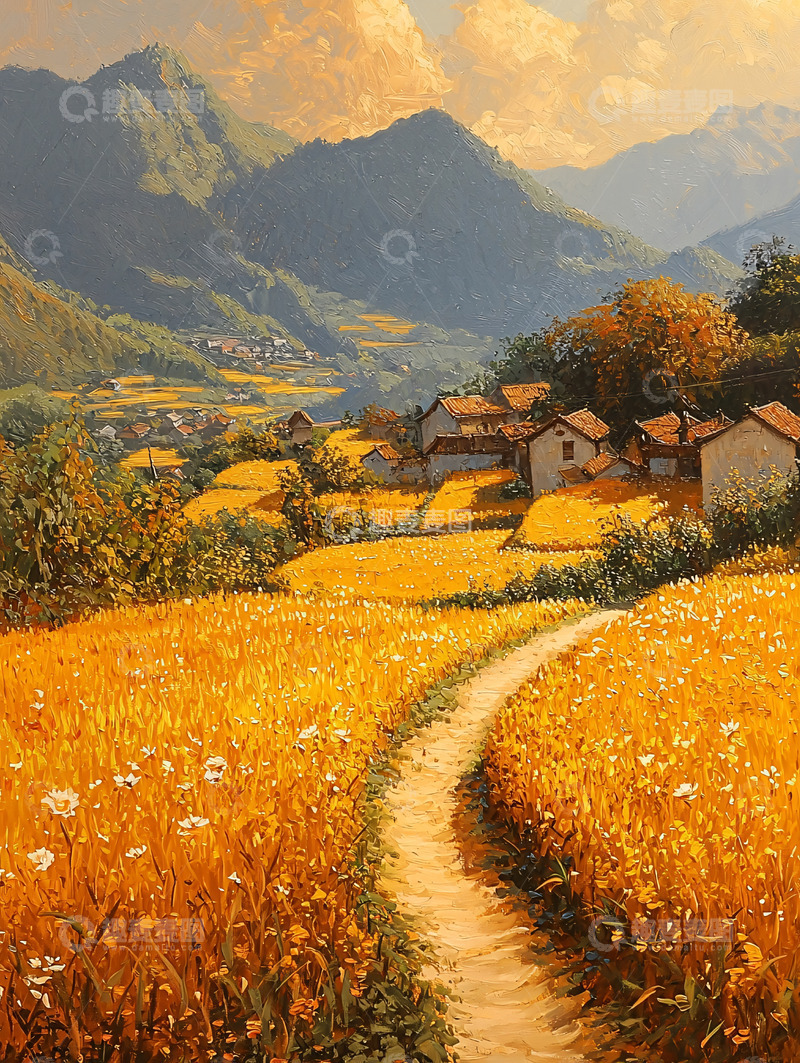 高清大图下载【趣麦麦图】金色麦田山村风景