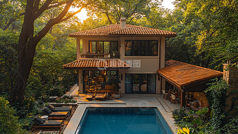 高清大图下载【趣麦麦图】阳光下的别墅泳池