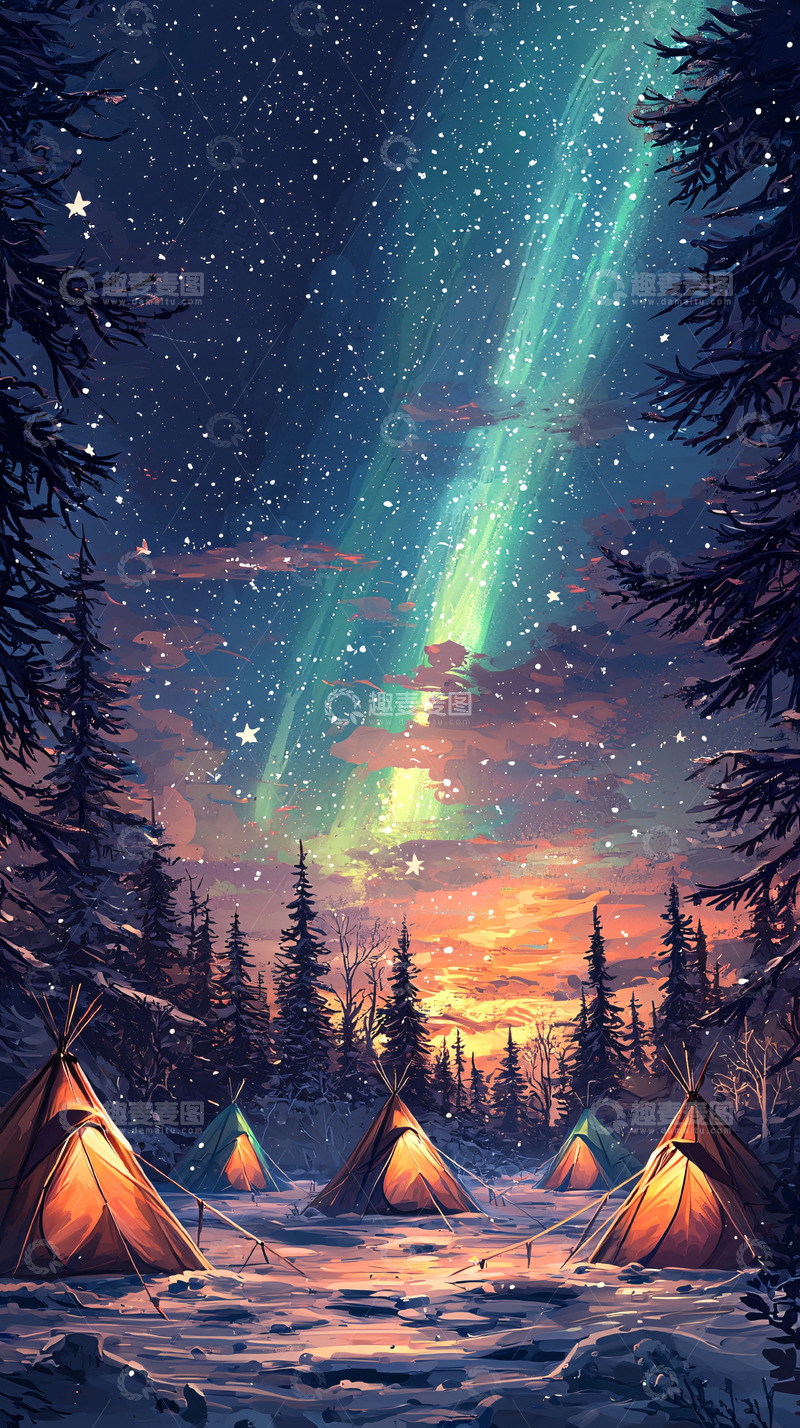 高清大图下载【趣麦麦图】极光下的雪地营地