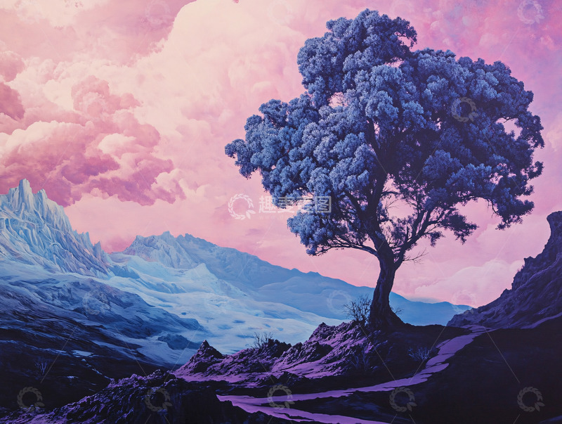 高清大图下载【趣麦麦图】梦幻紫蓝色树与山脉