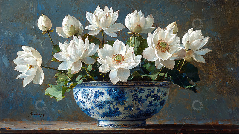 高清大图下载【趣麦麦图】蓝白瓷碗白莲花静物画