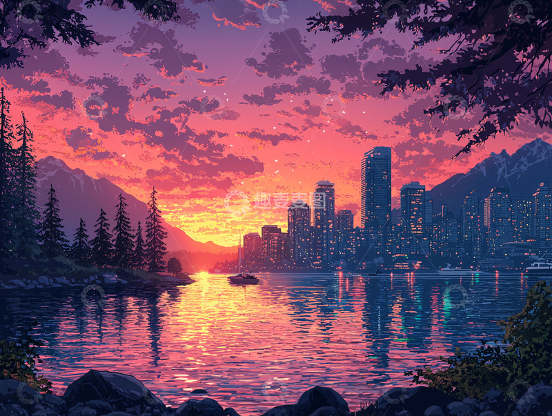 高清大图下载【趣麦麦图】傍晚城市湖边风景