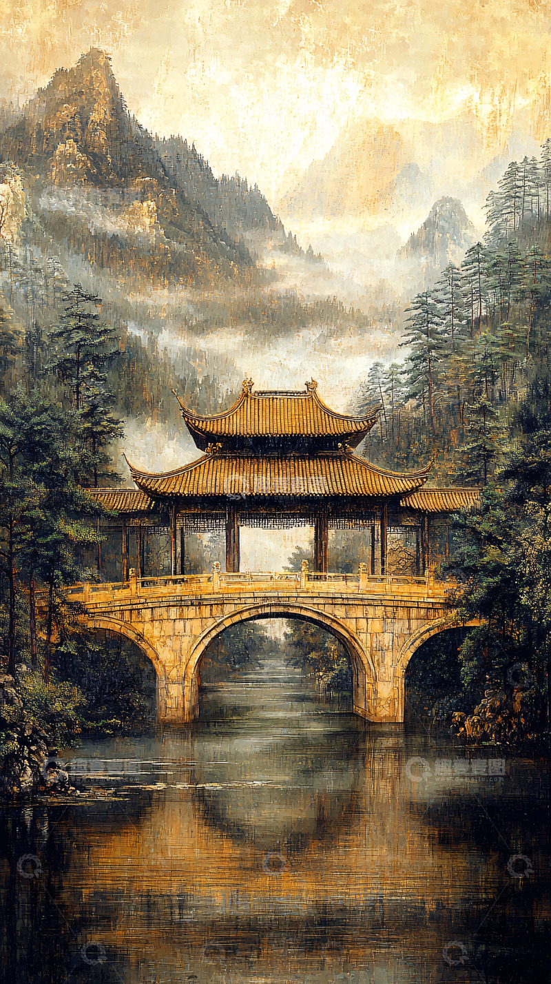 高清大图下载【趣麦麦图】水墨画风桥