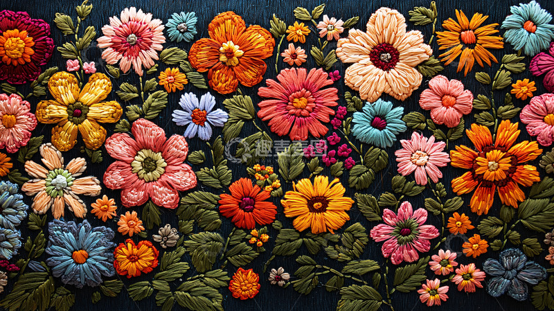 高清大图下载【趣麦麦图】彩色刺绣花卉图案