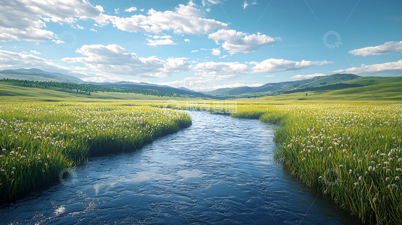 高清大图下载【趣麦麦图】-绿草蓝天下的蜿蜒河流
