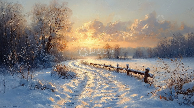 高清大图下载【趣麦麦图】冬日雪景乡村公路日出