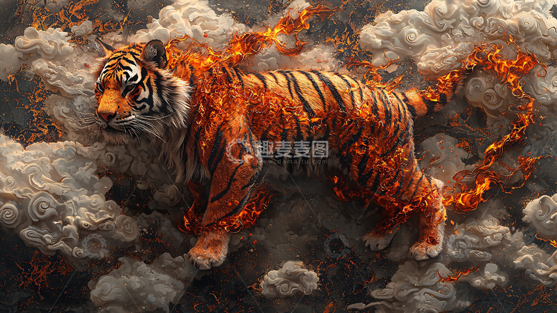 高清大图下载【趣麦麦图】火焰缠绕的老虎