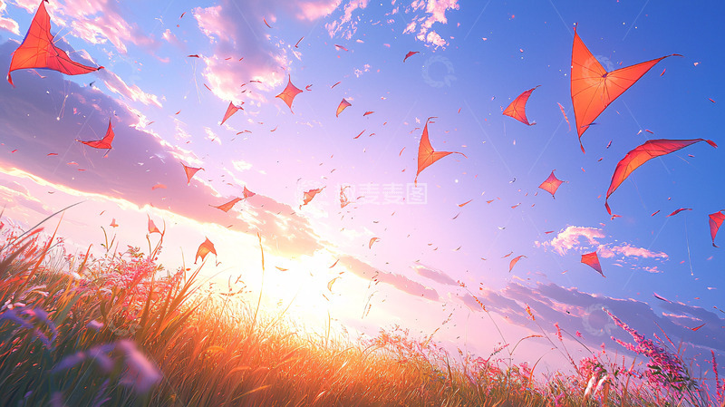 高清大图下载【趣麦麦图】夕阳下飞舞的红色蝴蝶